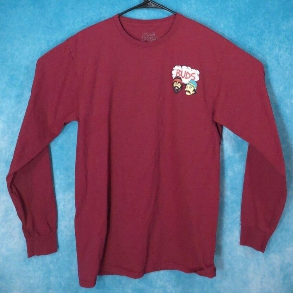 Cheech & Chong Men's "Buds" Long Sleeve Maroon Graphic T-Shirt, Size Medium